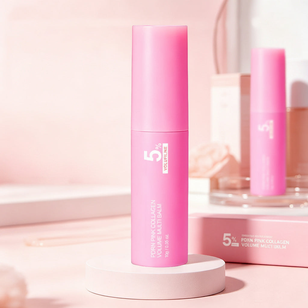 Pink collagen multi-effect lip balm on a pink background